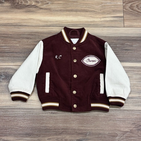 Rylee + Cru Toddler Boys Varsity Football Jacket 12-18 m Burgundy Corduroy NWOT - Picture 2 of 8